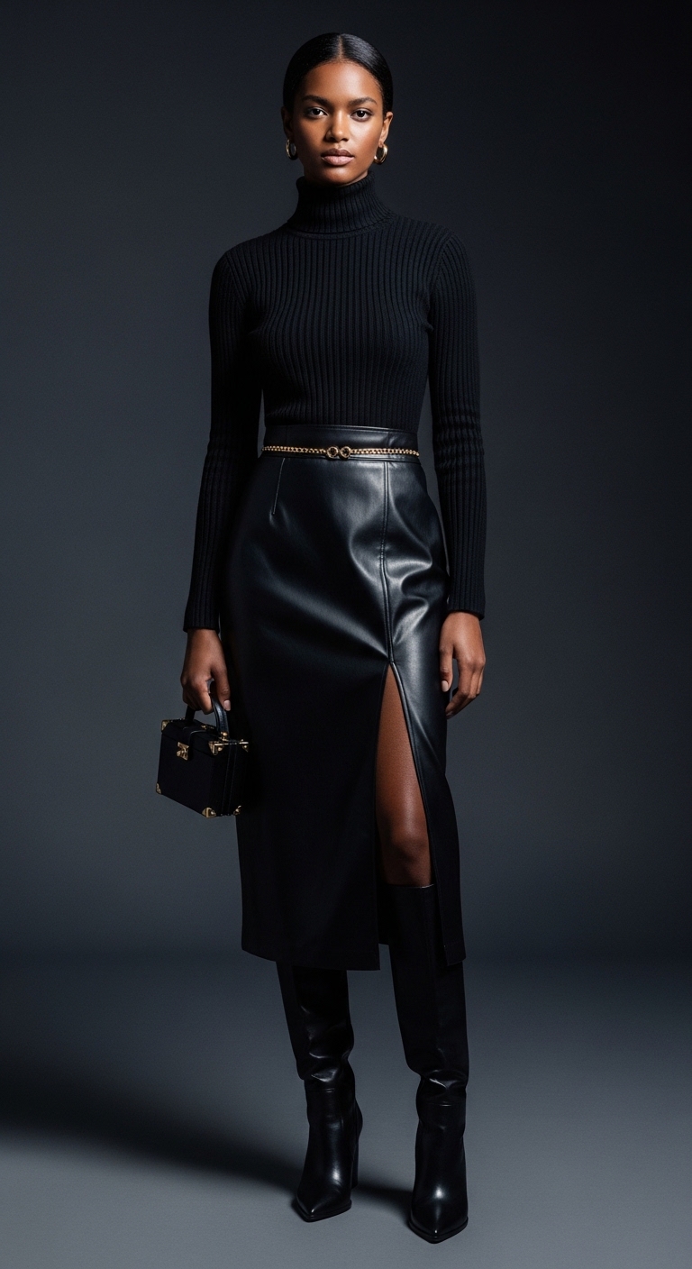 Black Turtleneck Leather Skirt