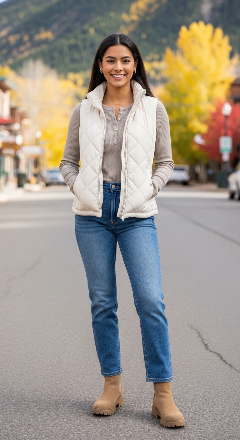 Cream Puffer Vest Layers