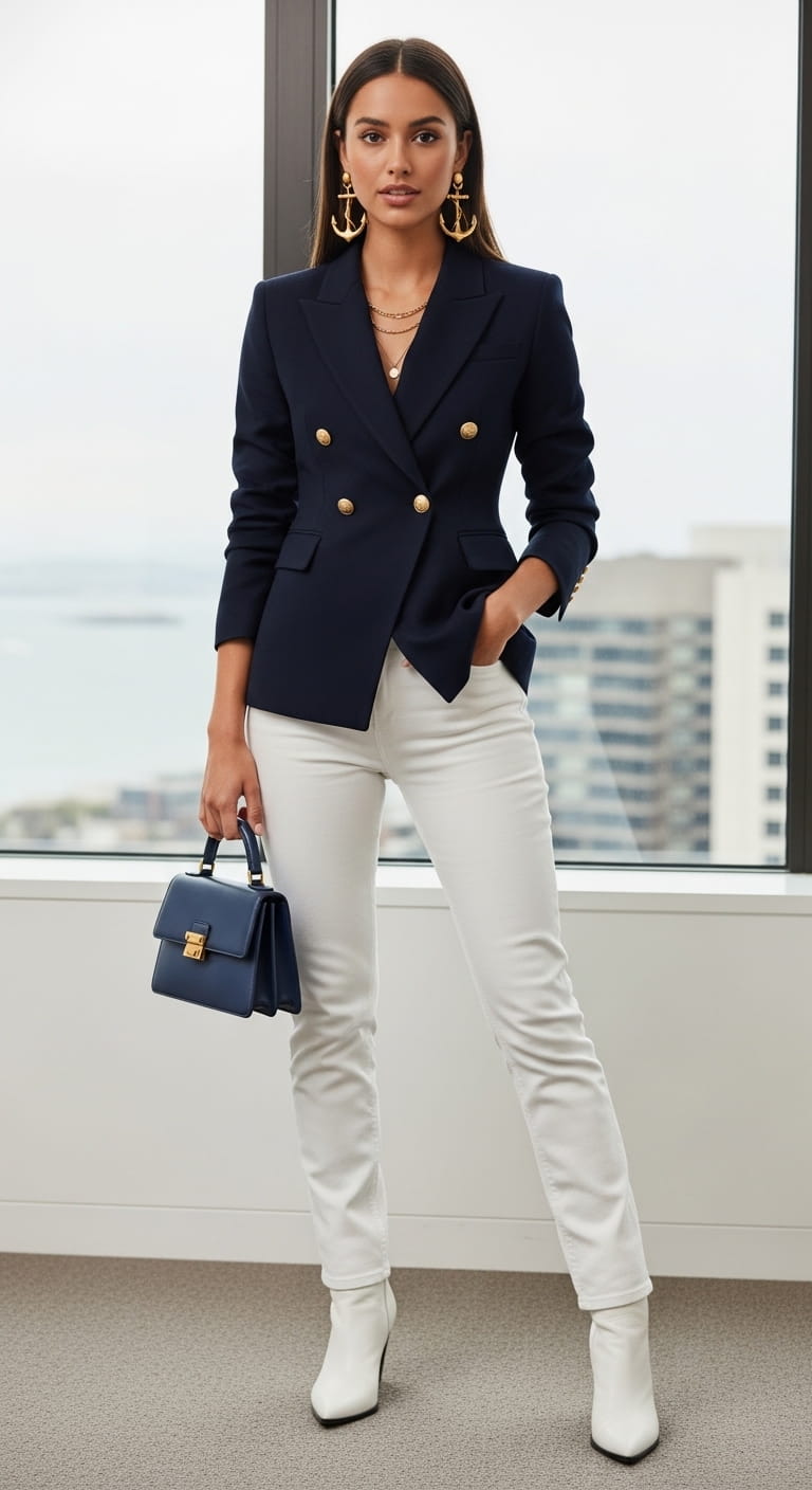 Navy Blazer White Jeans
