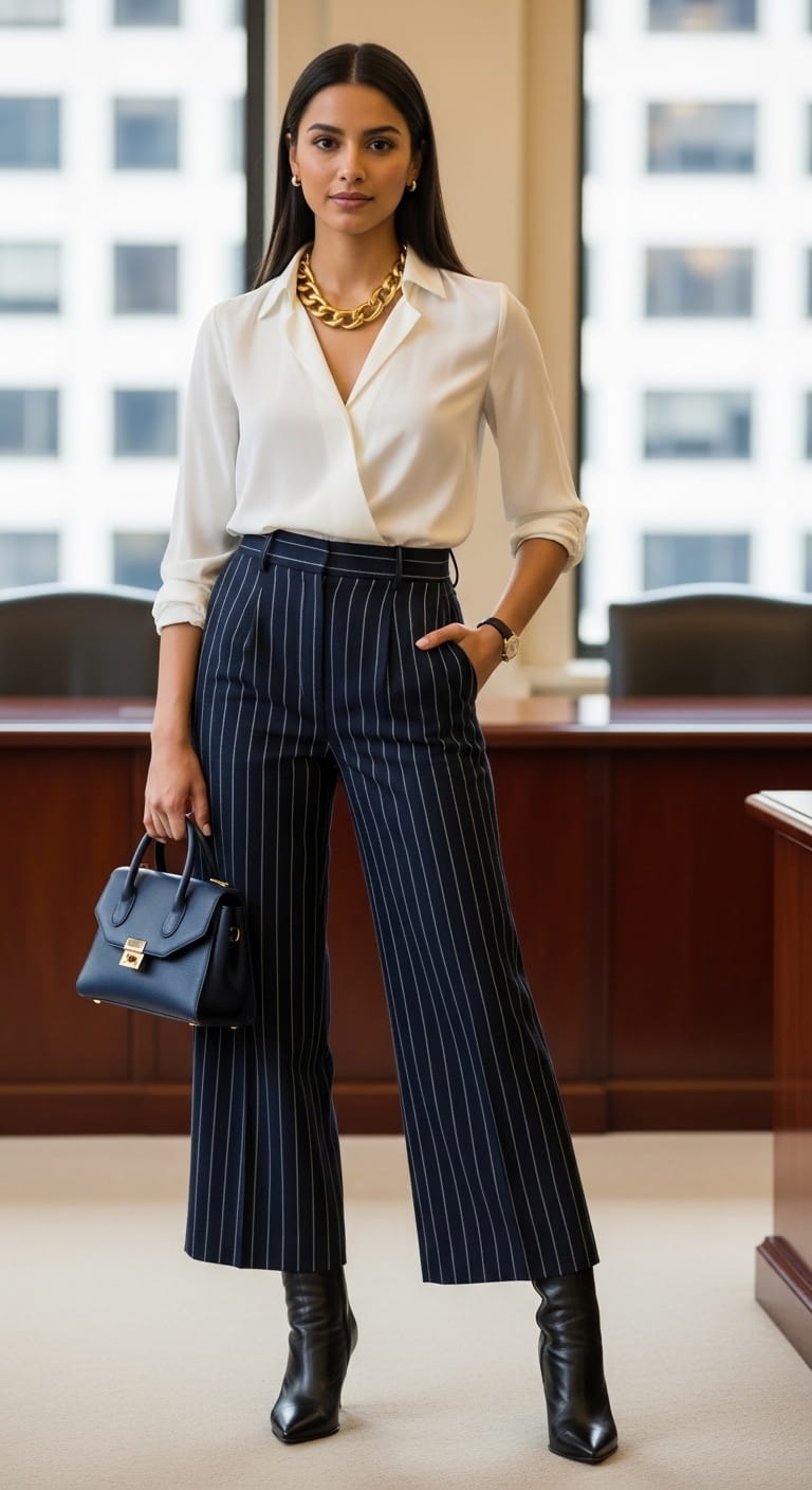 Pinstripe Trousers White Blouse