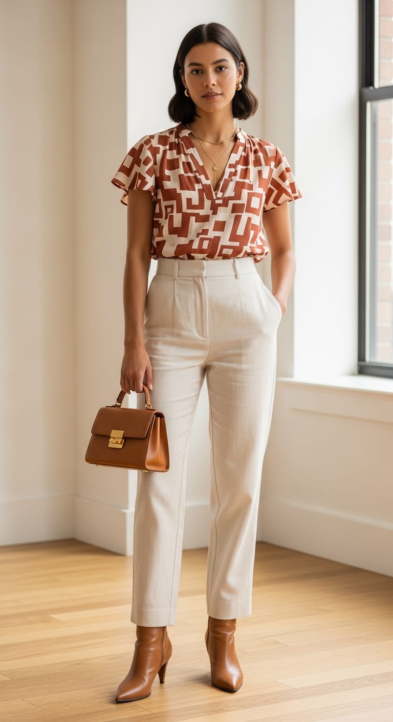 Printed Blouse Straight Trousers