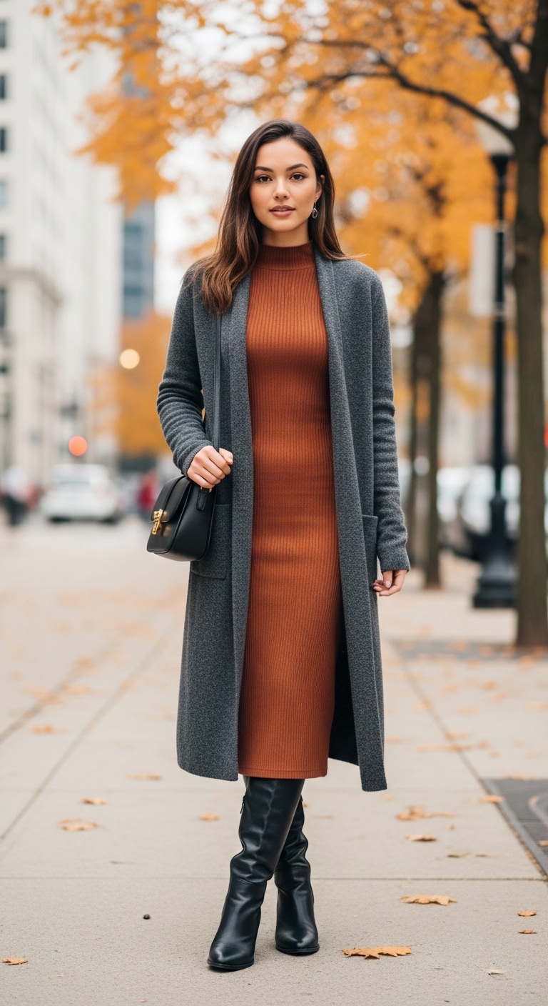 Rust Midi Dress Layered Look